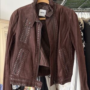 Moschino Brown Suede Leather Jacket with Decorative Trim